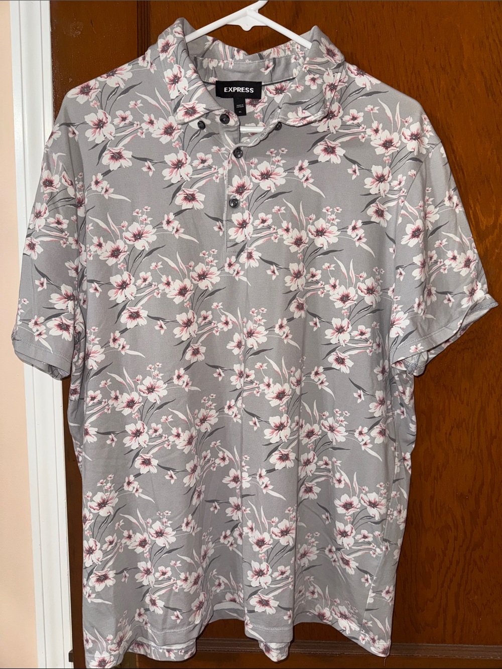 Express Men’s Gray Polo with Pink Floral Print